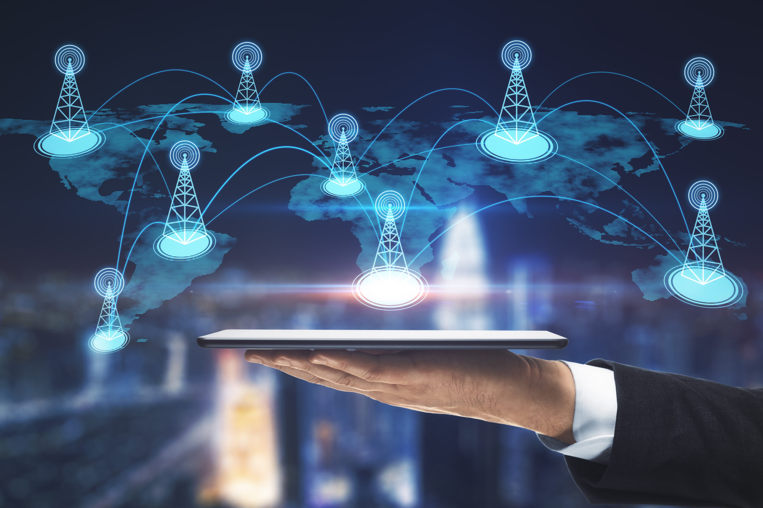 Telecom network services infrastructure with fiber optic cables and advanced telecommunications services supporting enterprise business growth